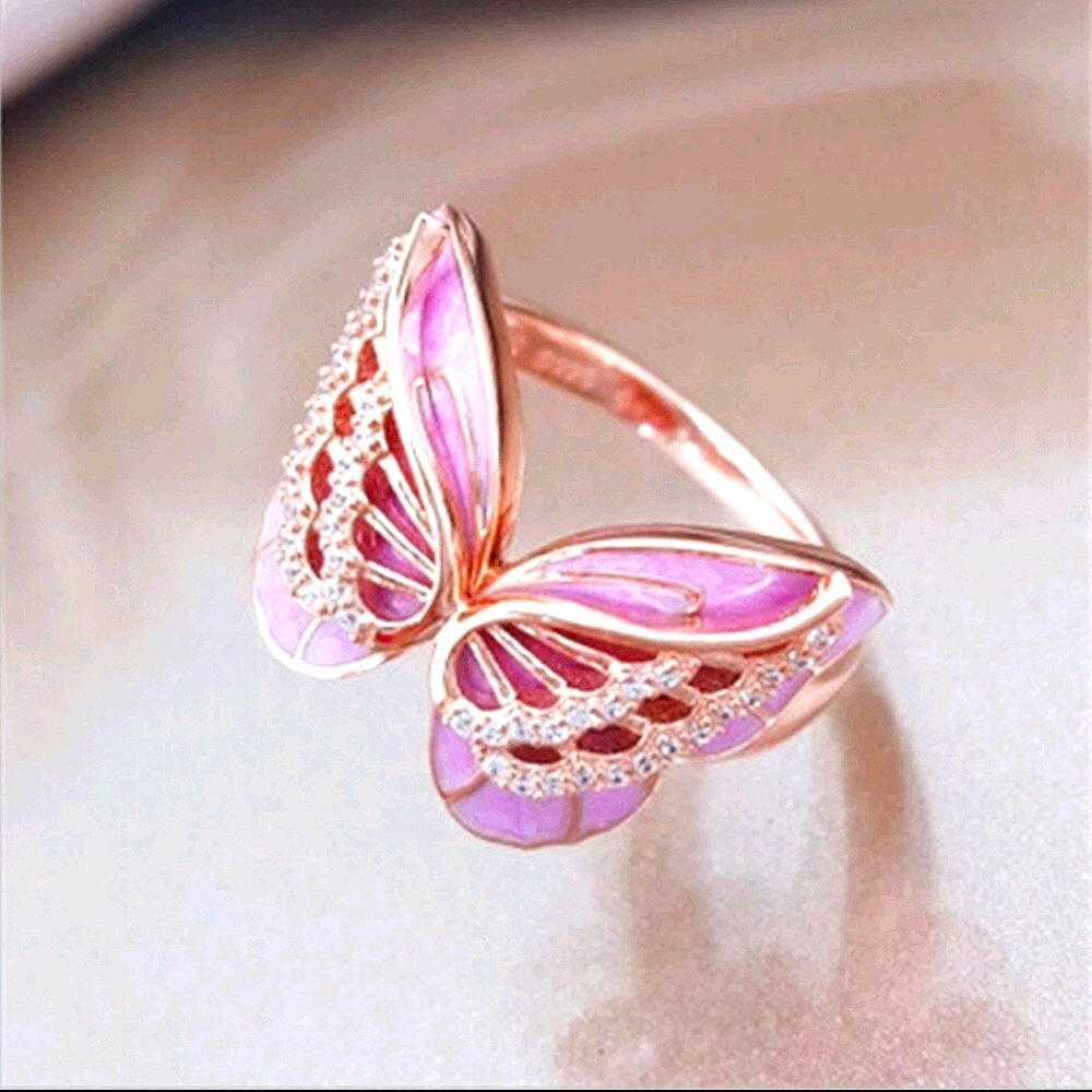 Rose Gold Plated Pink Butterfly Crystal Ring Size 7 NWT